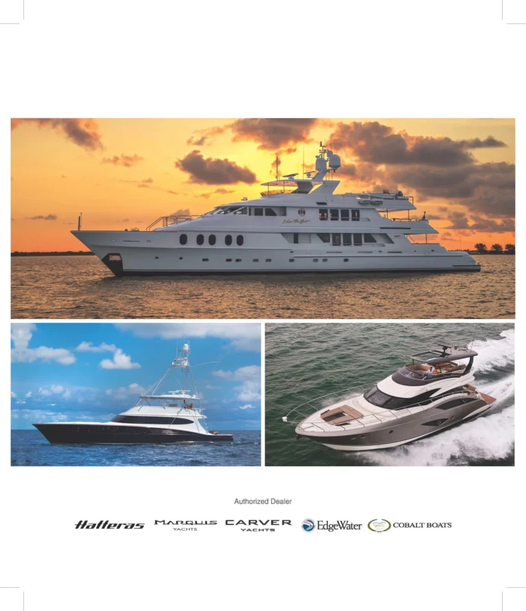 Tom George Yacht Group print ad page with three yacht photos and brand logos