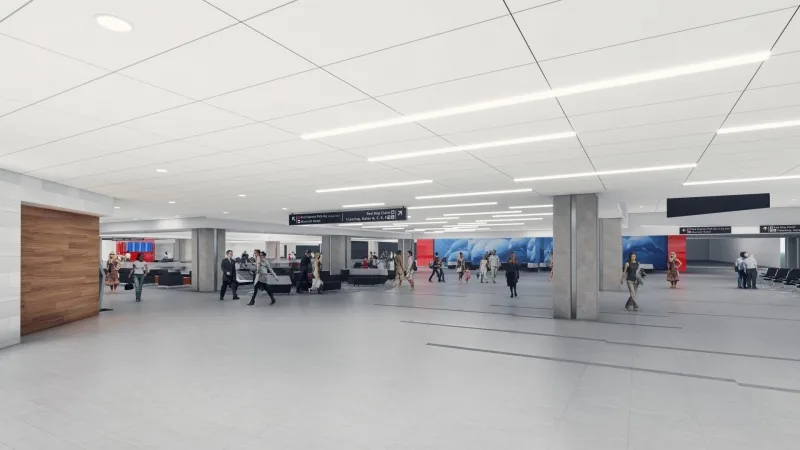 Rendering of a bright airport interior with a long ceiling and people in the distance