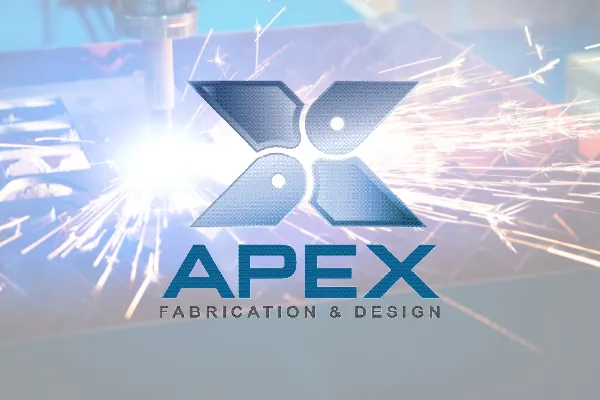 Apex Fabrication and Design logo over welding sparks