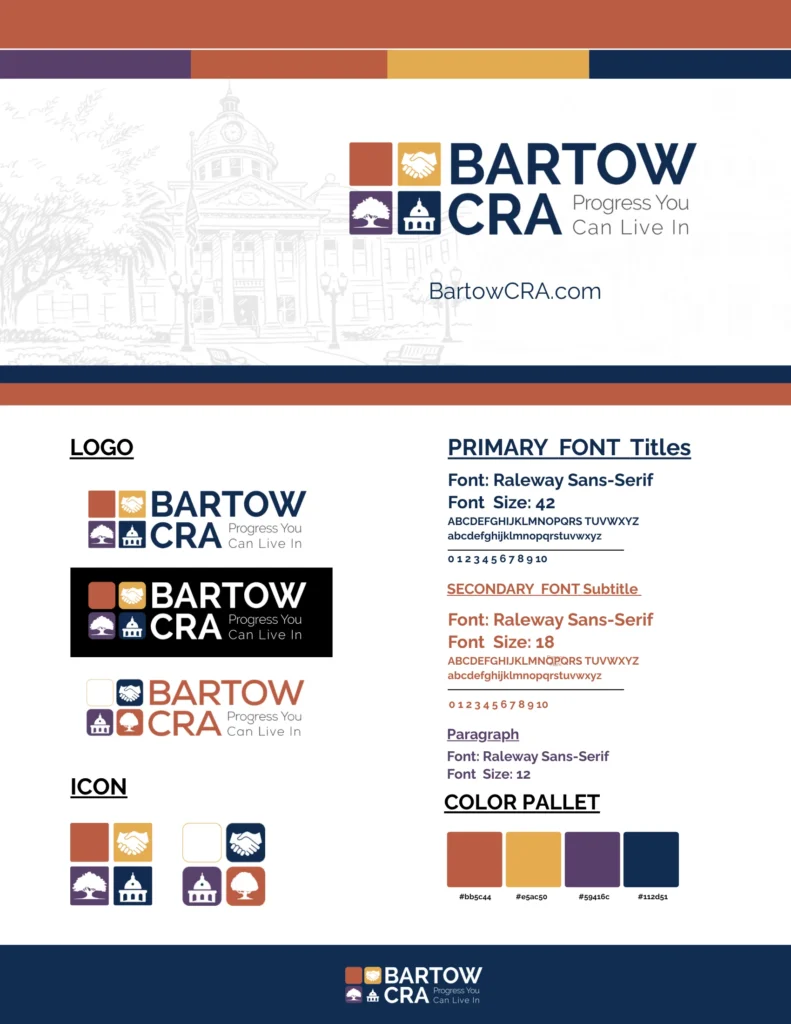 Bartow CRA brand guide page showing logo, fonts, icons and color palette