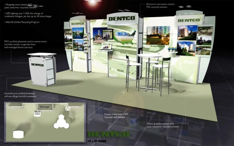 3D rendering of a Dentco 10x20 trade show booth layout