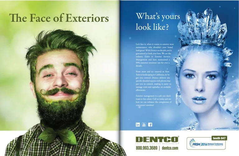 Dentco ad headed 'The Face of Exteriors' with a man with a leafy beard beside an icy faced woman