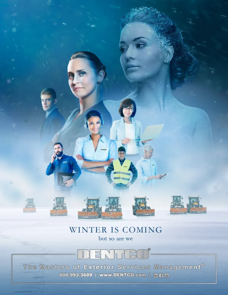 Dentco ad 'Winter Is Coming' with a team of workers and a snow queen above snow plows