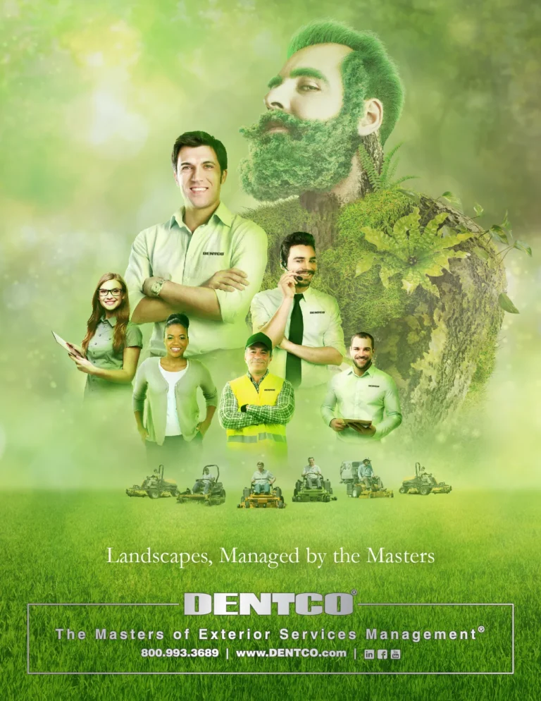 Dentco ad with a team in front of a man with a grass beard, 'Landscapes, Managed by the Masters'