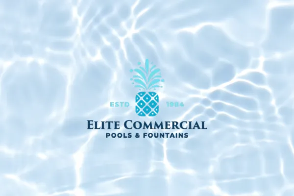 Elite Commercial Pools and Fountains logo over rippling pool water