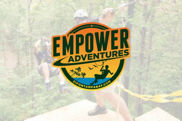 Empower Adventures logo over a photo of people on a zip line course