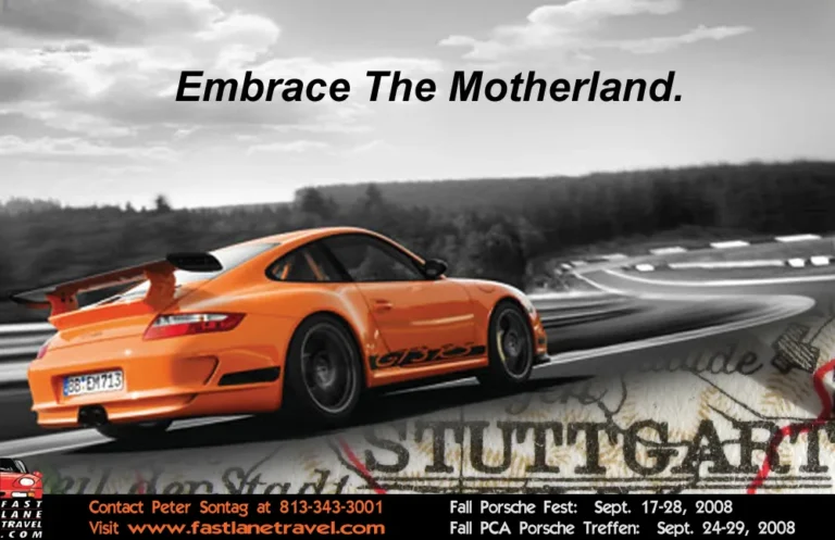 Fast Lane Travel ad headed 'Embrace The Motherland.' with an orange Porsche
