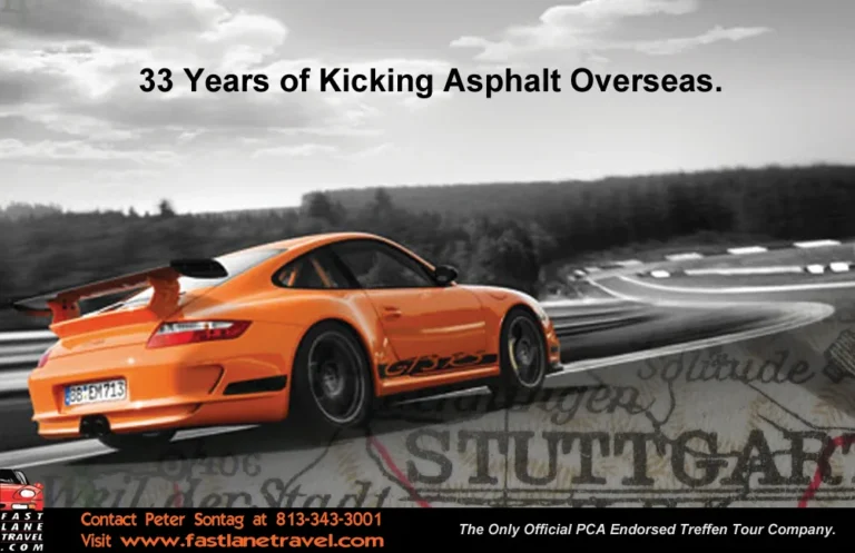 Fast Lane Travel ad headed '33 Years of Kicking Asphalt Overseas.' with an orange Porsche