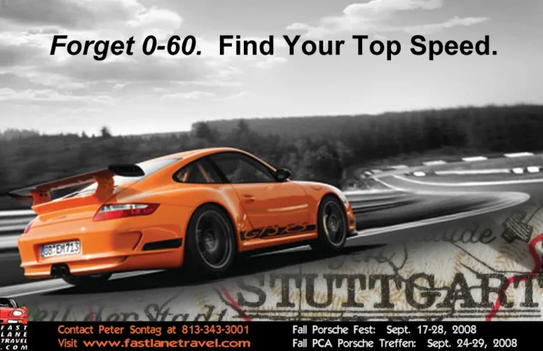 Fast Lane Travel ad headed 'Forget 0-60. Find Your Top Speed.' with an orange Porsche