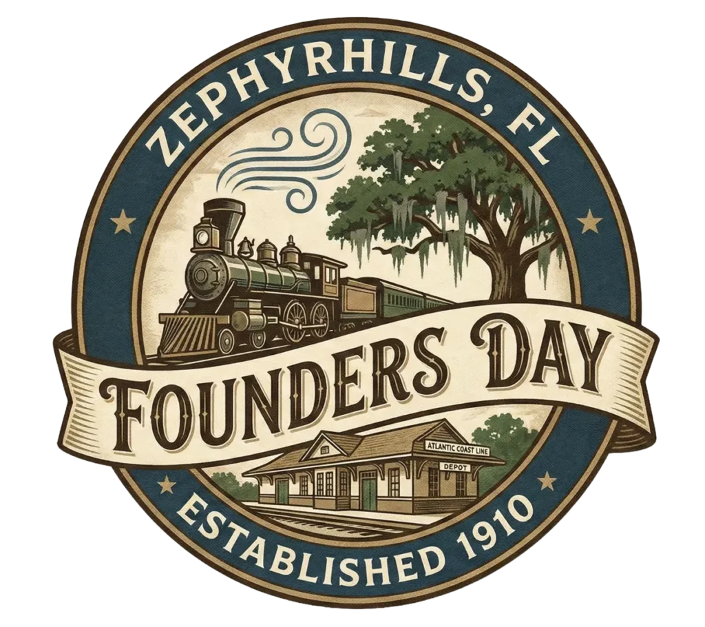 Zephyrhills, FL Founders Day logo, established 1910, with a steam train and oak tree