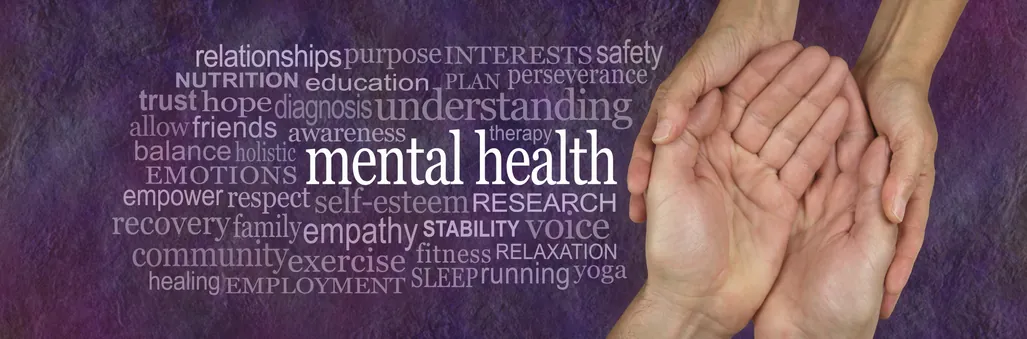 Word cloud featuring 'mental health' beside cupped hands