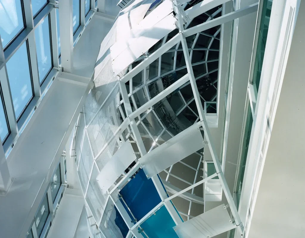 Interior of a Port Tampa Bay building, looking up through the glass and steel atrium