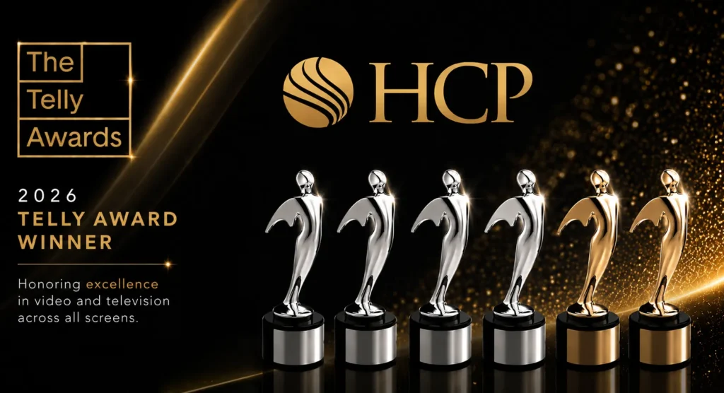 HCP Associates 2026 Telly Award winner graphic with six trophies