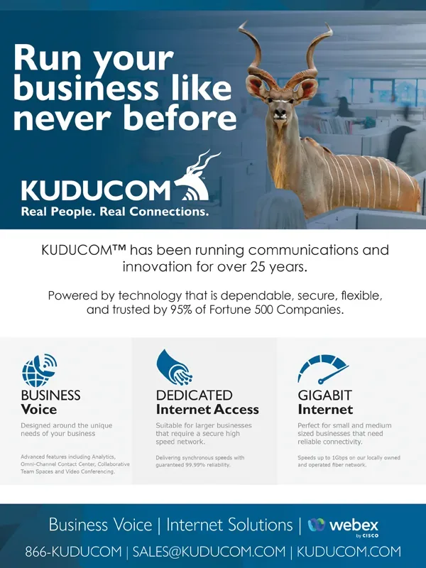 KUDUCOM ad headed 'Run your business like never before' with a kudu photo