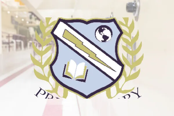 Lutz Preparatory School shield crest over a faded hallway photo