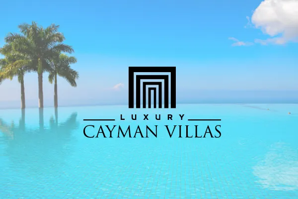 Luxury Cayman Villas logo over a turquoise pool with palm trees