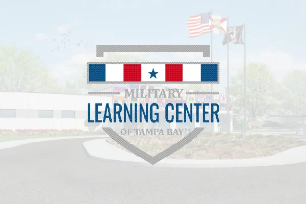 Military Learning Center of Tampa Bay logo over a faded building and flags photo
