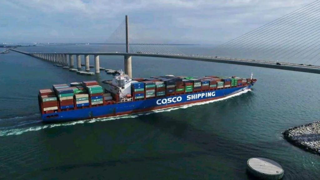 Cosco Shipping container ship passing the Sunshine Skyway Bridge