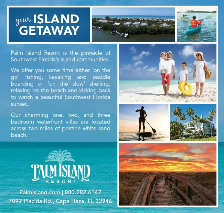 Palm Island Resort ad headed 'your Island Getaway' with beach and kayaking photos