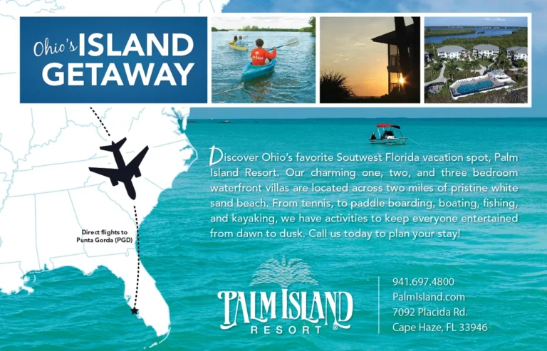 Palm Island Resort ad headed 'Ohio's Island Getaway' with a flight route map