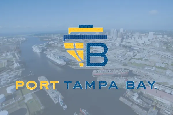 Port Tampa Bay logo over an aerial photo of the port