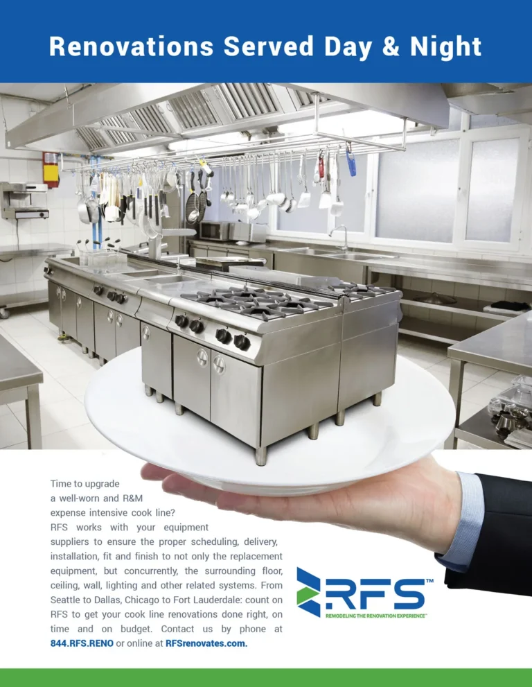 RFS ad headed 'Renovations Served Day & Night' with a commercial kitchen on a plate