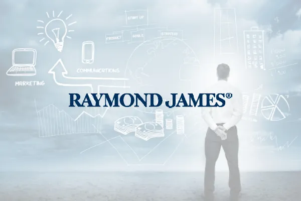 Raymond James logo over a faded image of a man looking at a sketched city