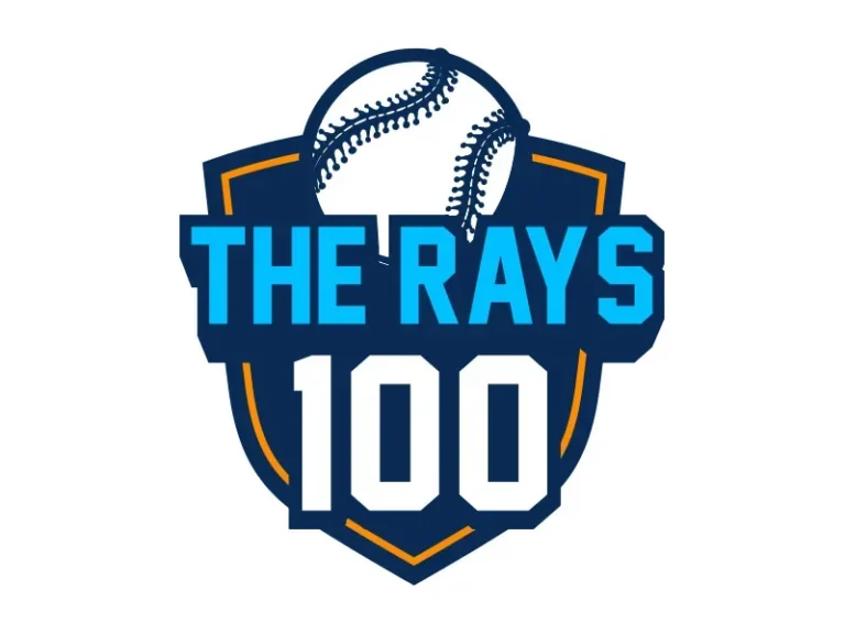 The Rays 100 logo with a baseball on a blue shield