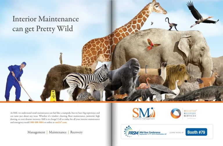 SMI ad headed 'Interior Maintenance can get Pretty Wild' showing a janitor among wild animals