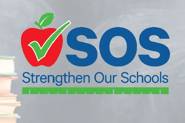 SOS Strengthen Our Schools logo with an apple and check mark