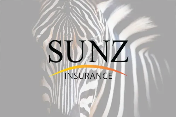 SUNZ Insurance logo over a close up of a zebra