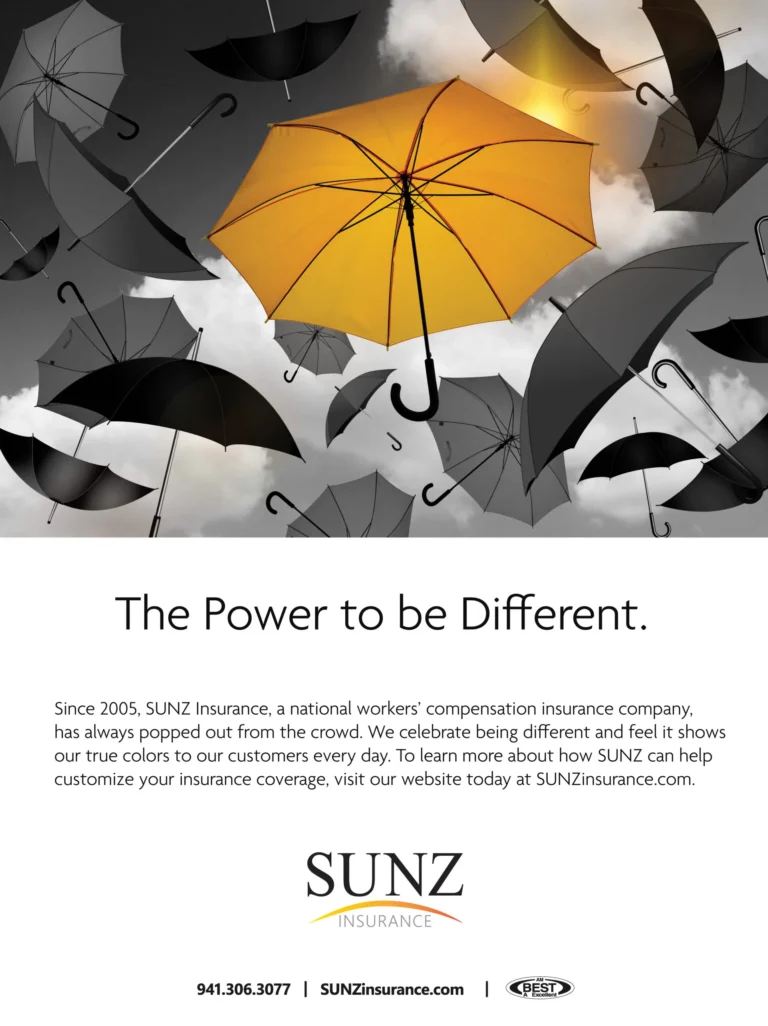 SUNZ Insurance ad headed 'The Power to be Different' with a yellow umbrella among gray umbrellas