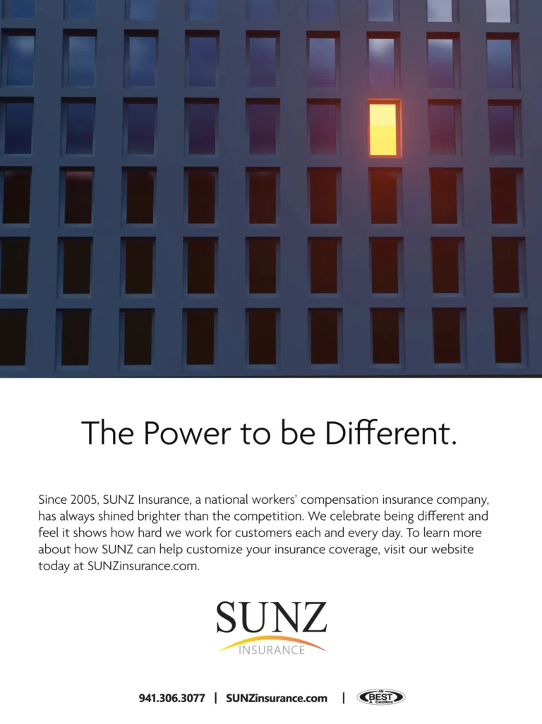 SUNZ Insurance ad headed 'The Power to be Different' with one lit window on a dark building
