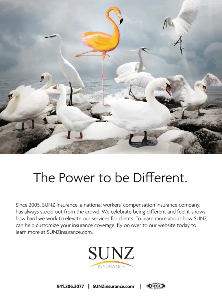 SUNZ Insurance ad headed 'The Power to be Different' with an orange flamingo among white swans