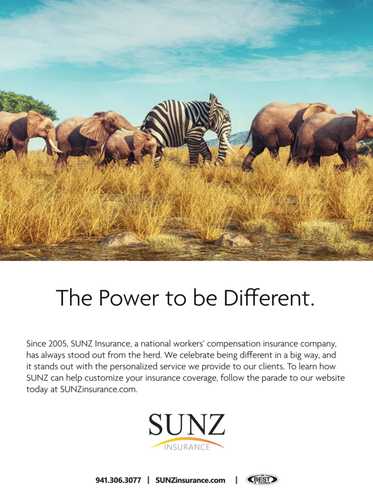 SUNZ Insurance ad headed 'The Power to be Different' with a zebra walking among elephants