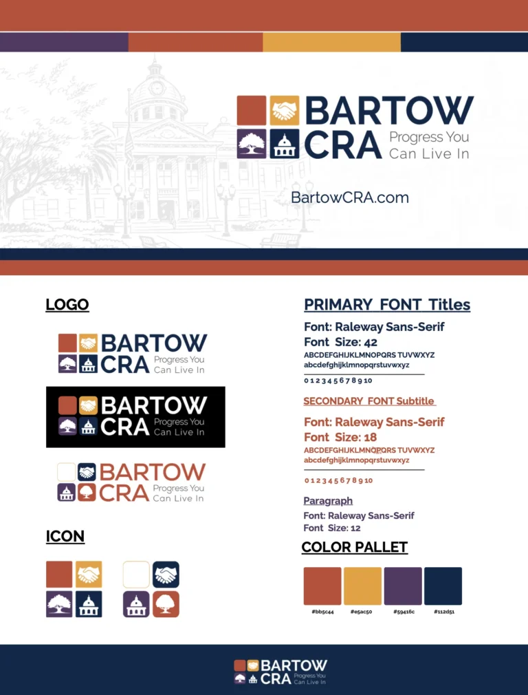 Bartow CRA brand guide page with logos, fonts and color palette