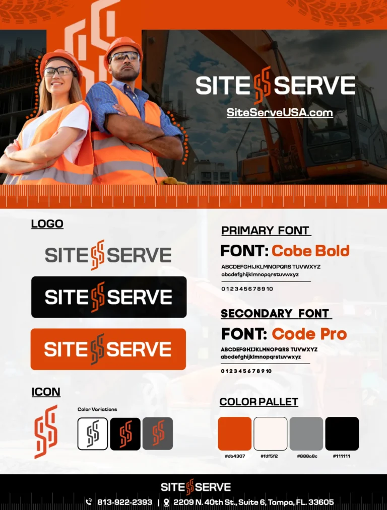 Site Serve brand guide page with logo, fonts, icon and color palette