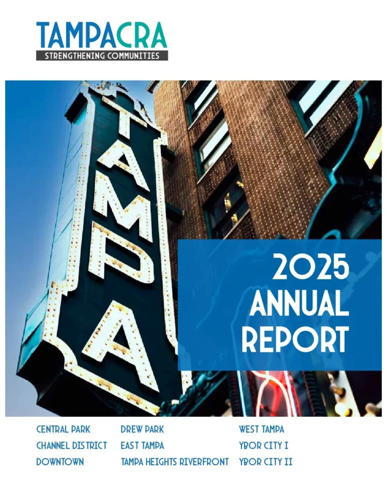 Tampa CRA 2025 Annual Report cover with Tampa Theatre sign