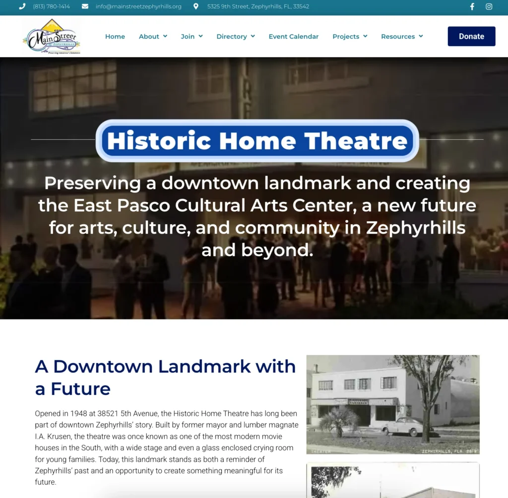Main Street Zephyrhills website page, Historic Home Theatre