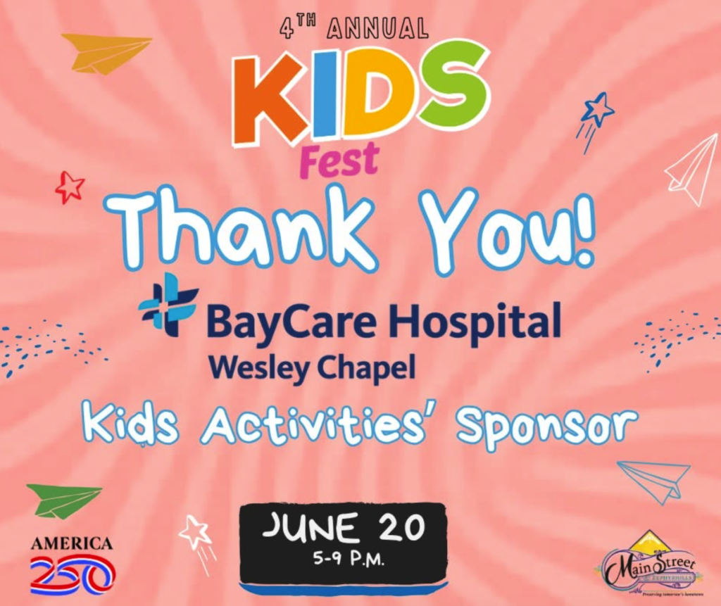 Kids Fest thank you graphic for BayCare Hospital Wesley Chapel, Kids Activities Sponsor