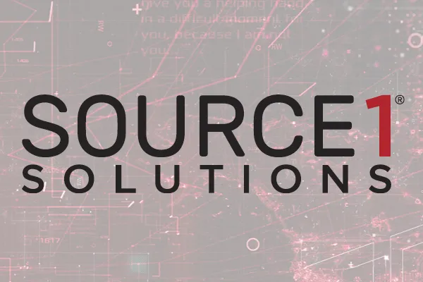 Source1 Solutions logo over a red digital network background