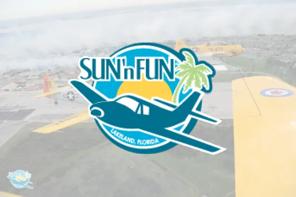 Sun n Fun logo with an airplane, Lakeland, Florida, over an aerial airfield photo