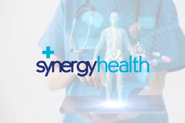 Synergy Health logo over a doctor holding a digital body scan