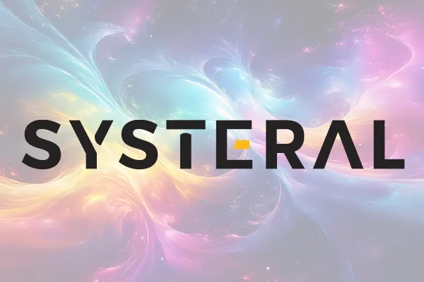 Systeral logo over a colorful cosmic nebula background