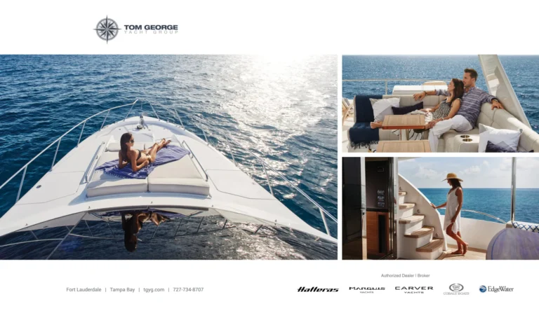 Tom George Yacht Group ad with a woman relaxing on a yacht bow and passengers at sea