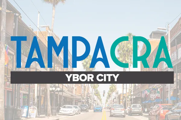 Tampa CRA Ybor City logo over a Ybor City street scene