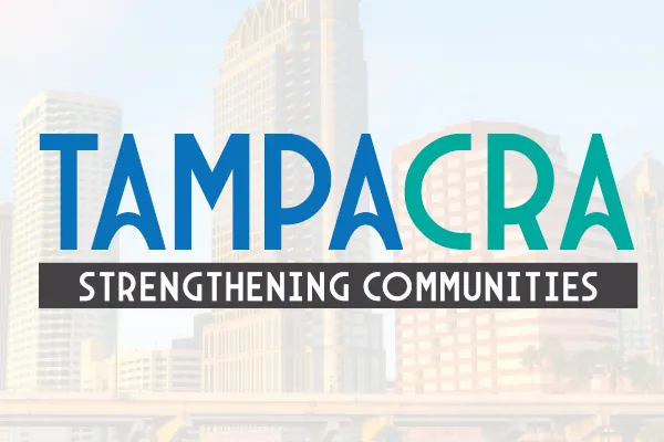 Tampa CRA, Strengthening Communities, logo over a faded skyline
