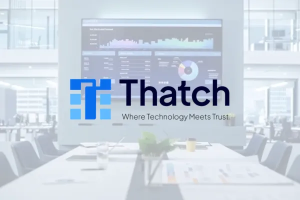 Thatch logo, Where Technology Meets Trust, over a faded conference room