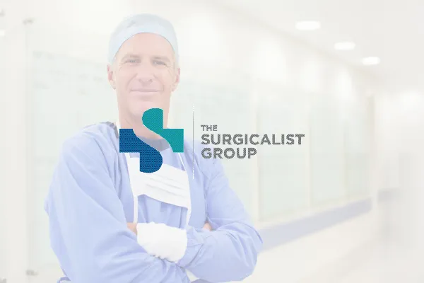 The Surgicalist Group logo beside a surgeon with arms crossed