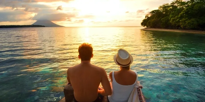 Couple sitting at the water's edge watching the sun set over a tropical bay